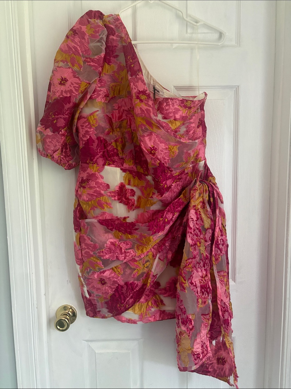 Showpo Pink and Gold Floral One-Shoulder Dress